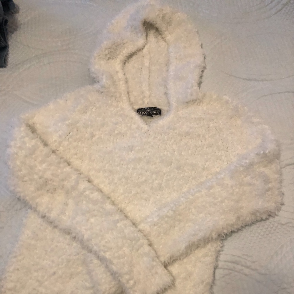 Gorgeous fuzzy hooded sweater brand is Almost Famous in size L